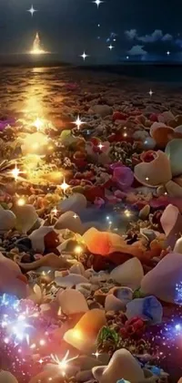 This phone live wallpaper showcases a serene beach scene with shells on sand