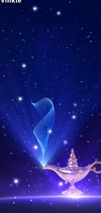 This phone live wallpaper features a magical lamp in the sky against a beautiful blue background with stars