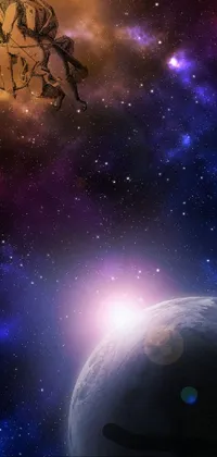 This phone live wallpaper boasts a stunning space scene with a deep space superstructure background and twinkling stars and planets