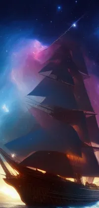 This phone live wallpaper showcases a majestic ship riding over calm waters under a starry night sky