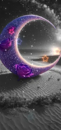 Introducing a mesmerizing live wallpaper for your phone - a captivating purple crescent moon resting over a serene sandy beach against a dreamy galaxy background