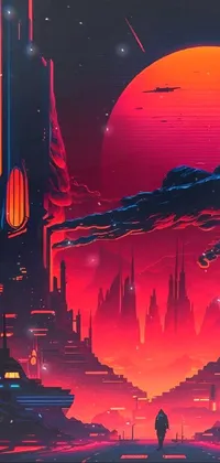 This live wallpaper is a stunning depiction of a futuristic city on an alien planet