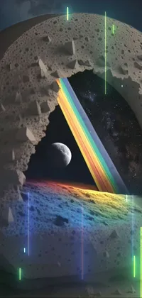 This phone live wallpaper showcases a mesmerizing piece of digital art featuring a concrete block and a rainbow coming out of it