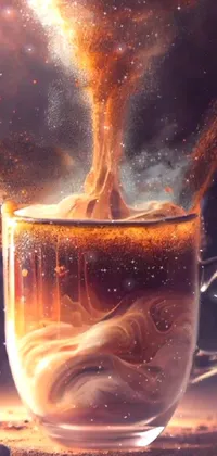 Stunning phone live wallpaper featuring a highly-detailed glass cup filled with a rich, aromatic liquid and surrounded by swirling coffee beans