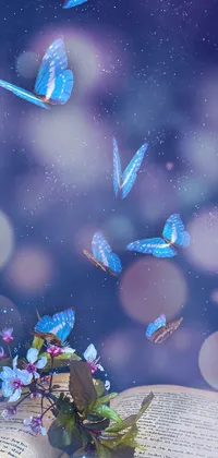 This stunning live wallpaper features a book adorned with beautiful butterflies in flight, set against a textured canvas background