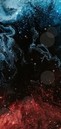 This phone live wallpaper features a stunning display of cosmic space art in red and blue colors on a black background
