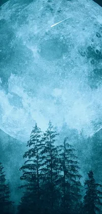 This stunning live wallpaper for your phone features a breathtaking scene of a full moon in the center with towering trees in the foreground, creating a sense of depth and dimension