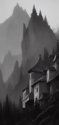This live phone wallpaper features a black and white photograph of a mountain house