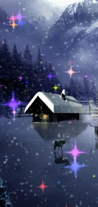 This live wallpaper depicts a cozy cabin nestled in a snowy forest