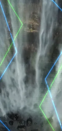 This phone live wallpaper features a group of people admiring a stunning waterfall surrounded by green lines
