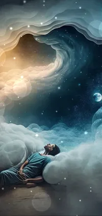 This enchanting live wallpaper depicts a man resting on a bed of clouds surrounded by a dreamy atmosphere
