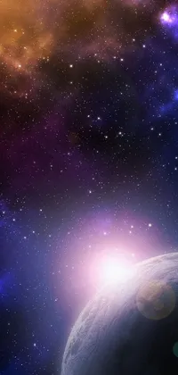 This stunning live phone wallpaper features a breathtaking space scene with planets and stars floating against a purplish background