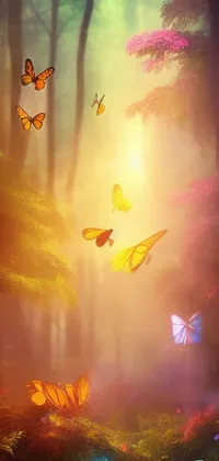 This phone live wallpaper features a stunning group of colorful butterflies flying over a vibrant green forest