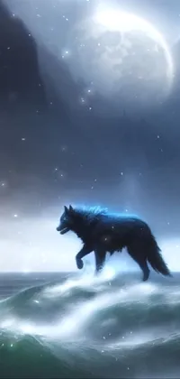 This stunning live wallpaper features a majestic wolf standing on top of a wave in the middle of the ocean