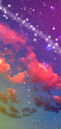This phone live wallpaper features a starry sky with colorful clouds and trippy patterns