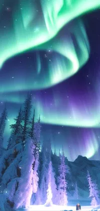 This phone live wallpaper features a breathtaking winter scene of a snow-covered forest with green and purple lights