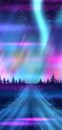 This phone live wallpaper features a mesmerizing illustration of the aurora borealis shining brightly in the night sky