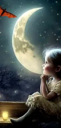 Transform your phone's screen with a stunning live wallpaper featuring a child sitting on a window sill, mesmerized by the sight of a beautiful full moon outside