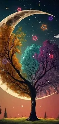 Transform your phone screen with this stunning live wallpaper that features a beautiful painting of a tree against a backdrop of a half-moon