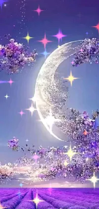 This stunning phone live wallpaper features a beautiful field of purple flowers beneath a glowing moon in the night sky
