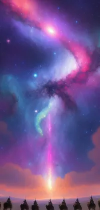 This phone wallpaper showcases a group of people riding on horses against the backdrop of a starry space setting