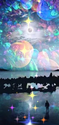 This live wallpaper for your phone is a showstopper! The digital art transports you to a beach on a mystical journey featuring psychedelic colors, bubbles, and a sparkling full moon – perfectly complimenting the beach landscape and the people enjoying the view! The highlight of this live wallpaper is the ability to customize a profile picture, whether it be your favorite image or desired icon