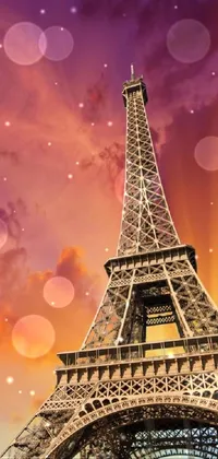 This live phone wallpaper depicts a digital rendering of Paris's iconic Eiffel Tower at sunset