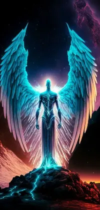 This phone live wallpaper features a digital art of an angel standing on a mountain with glowing, ultra-detailed metal wings