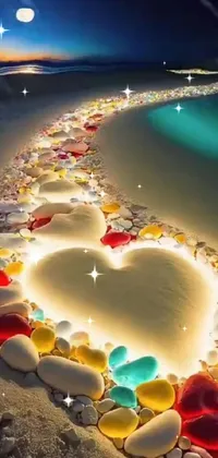 Introducing a stunning live wallpaper for your phone, featuring a digital rendering of a heart made out of sea glass on a peaceful beach