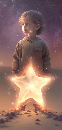 This stunning phone live wallpaper depicts a little boy holding a shining star standing on a sandy shore