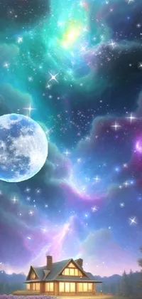 This live wallpaper for phones features a charming house and full moon painting
