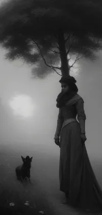 This phone live wallpaper depicts a stunning black and white photograph of a woman and a dog in a tranquil countryside setting