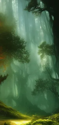 This fantasy live wallpaper depicts a grand tree in the center of a dreamy forest