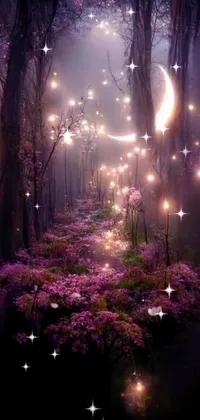 This phone live wallpaper features a magical forest with vibrant purple flowers