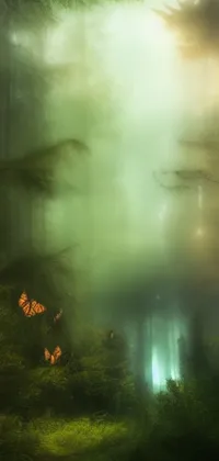 This phone live wallpaper showcases a mesmerizing scene of butterflies in a foggy redwood forest