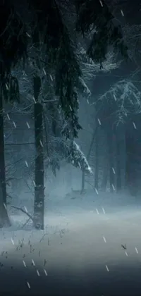 This phone live wallpaper showcases a vibrant red fire hydrant amidst a snowy forest