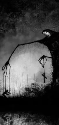 This live phone wallpaper showcases a monochrome photo of an ominous figure grasping a scythe