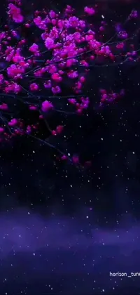 This stunning live wallpaper features a beautiful purple tree set against a star-filled night sky