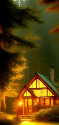 This phone live wallpaper features a cozy cabin nestled in a lush forest, with warm yellow lighting emanating from its windows
