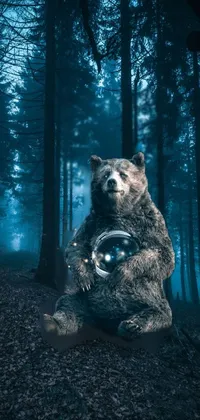 This phone live wallpaper captures a mystical forest scene featuring a stunning digital art of a large brown bear holding a glowing orb