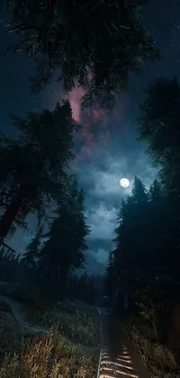 This phone live wallpaper features a serene train track cutting through a dark forest at night