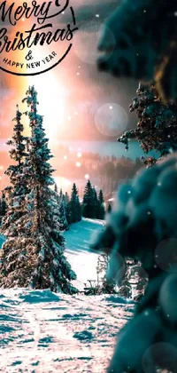 This live phone wallpaper showcases an idyllic picture of a snow-covered Christmas tree, set against a tranquil winter landscape