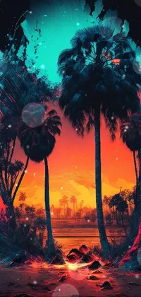 This stunning live wallpaper features a tropical scene with palm trees swaying over a sandy beach, set against an explosion of colorful sunset hues