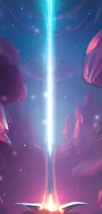 This sci-fi inspired live wallpaper boasts an intense red spike aura in motion set against a background of blue and pink lighting