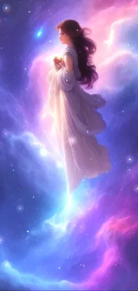 This phone live wallpaper showcases a stunning piece of digital art featuring a woman in a flowing white dress flying through the sky
