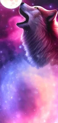 This live wallpaper features a striking depiction of a wolf set against a background of a red and purple nebula, a glowing full moon, and an exploding galaxy