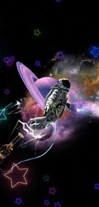 Experience the thrill of space adventure with this stunning phone live wallpaper featuring a daring man flying through the cosmos while holding onto a surfboard