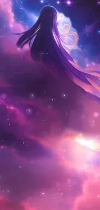 This phone live wallpaper showcases a captivating piece of concept art featuring a woman standing gracefully amidst a beautiful purple sky filled with shining stars
