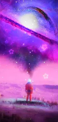 This captivating phone live wallpaper showcases a lone figure standing in a barren desert, surrounded by striking purple halos and a galaxy in the distance