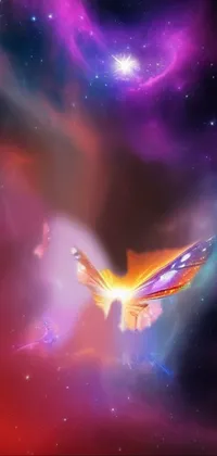 This live phone wallpaper is a serene depiction of a beautifully animated butterfly flying gracefully through a colorful nebula